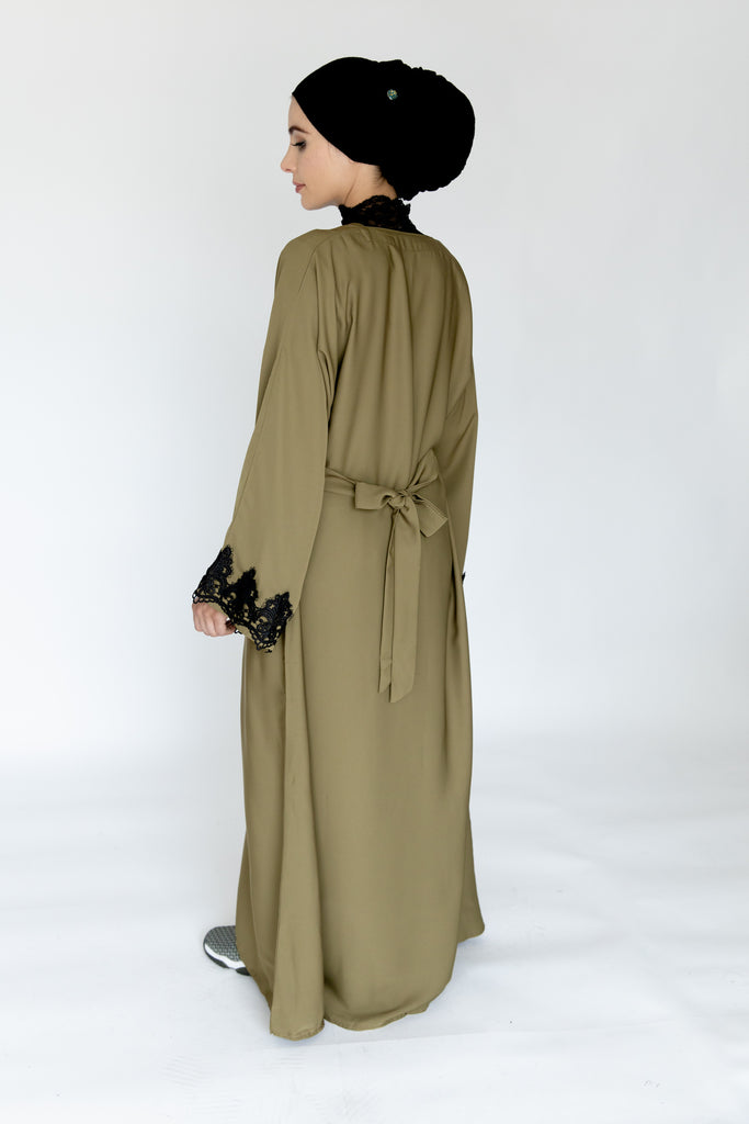 Plain Olive Abaya with Black Lace Sleeves and Attached Belt