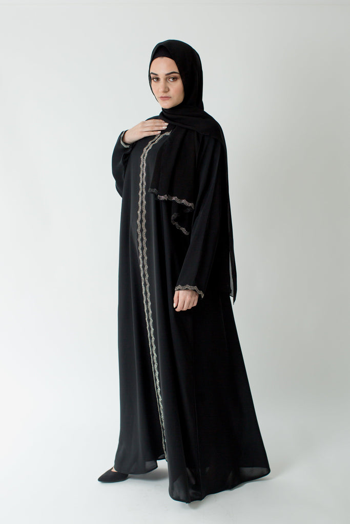 Black Closed Abaya – Silver Diamante Border Design