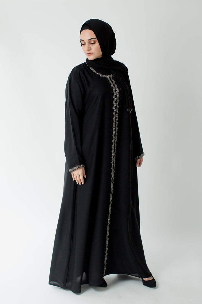 Black Closed Abaya – Silver Diamante Border Design