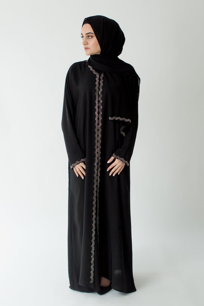 Black Open Abaya – Silver Diamante Border Design