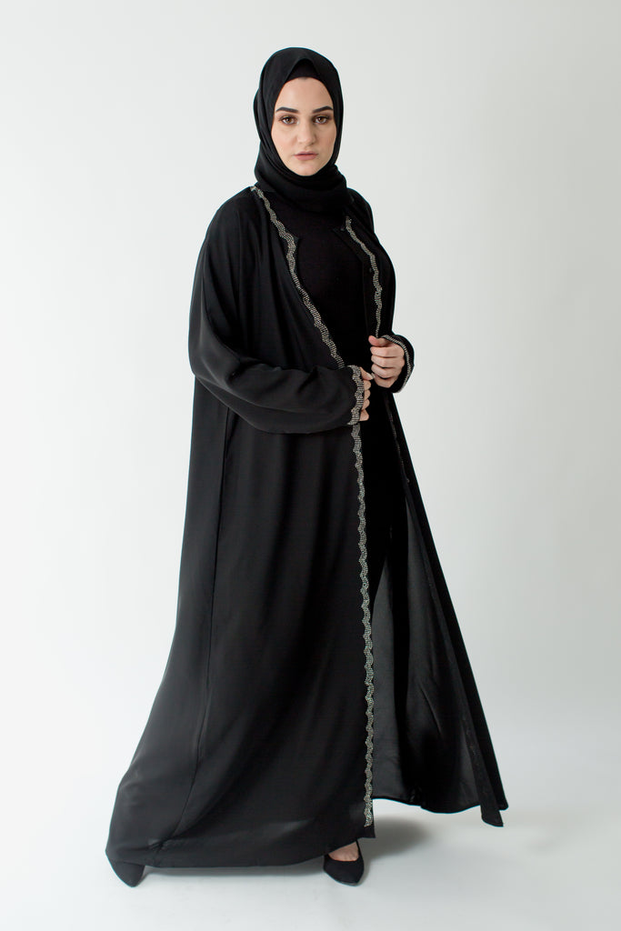 Black Open Abaya – Silver Diamante Border Design