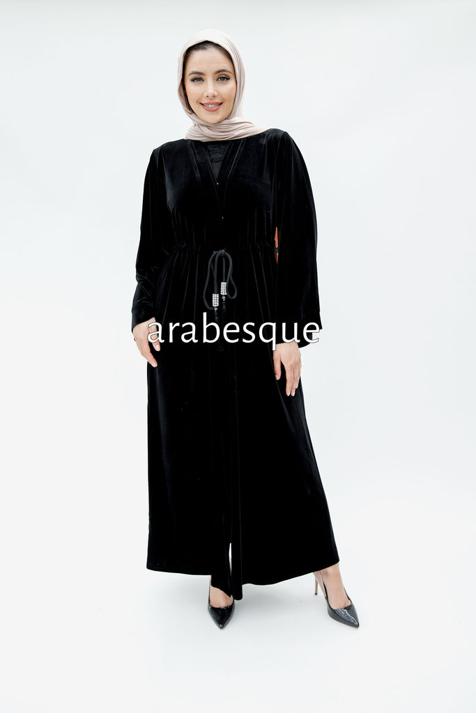 Black Open Abaya – Elegant Plain Velvet Design
