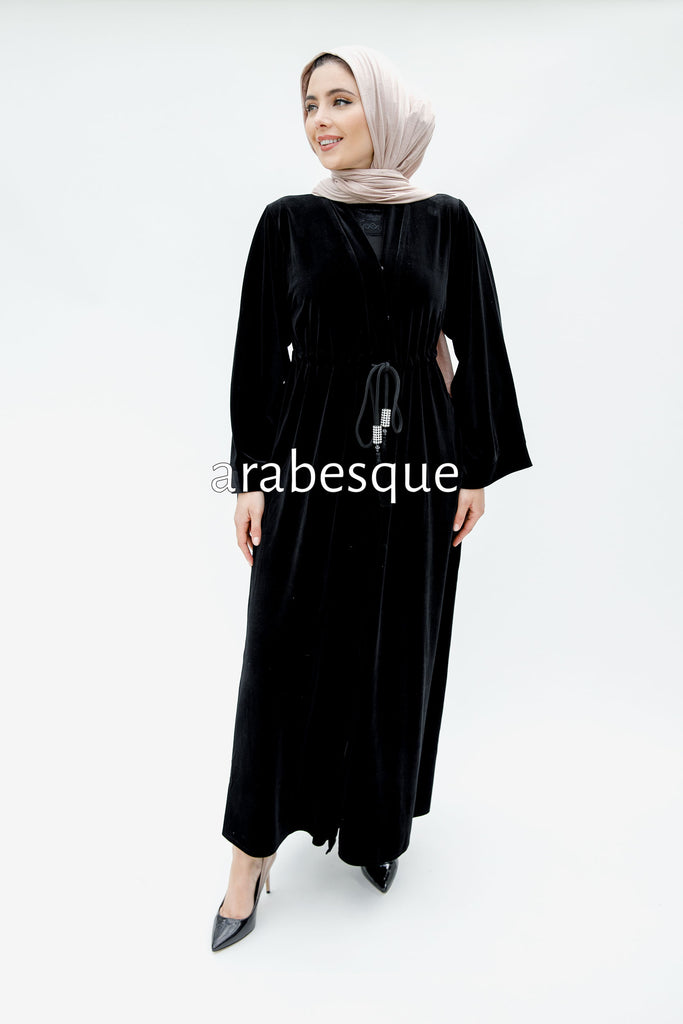 Black Open Abaya – Elegant Plain Velvet Design