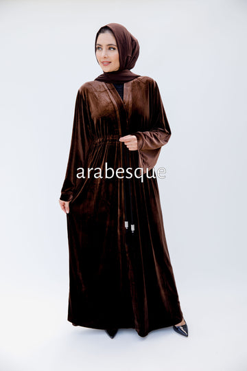Brown Plain Velvet Open Abaya