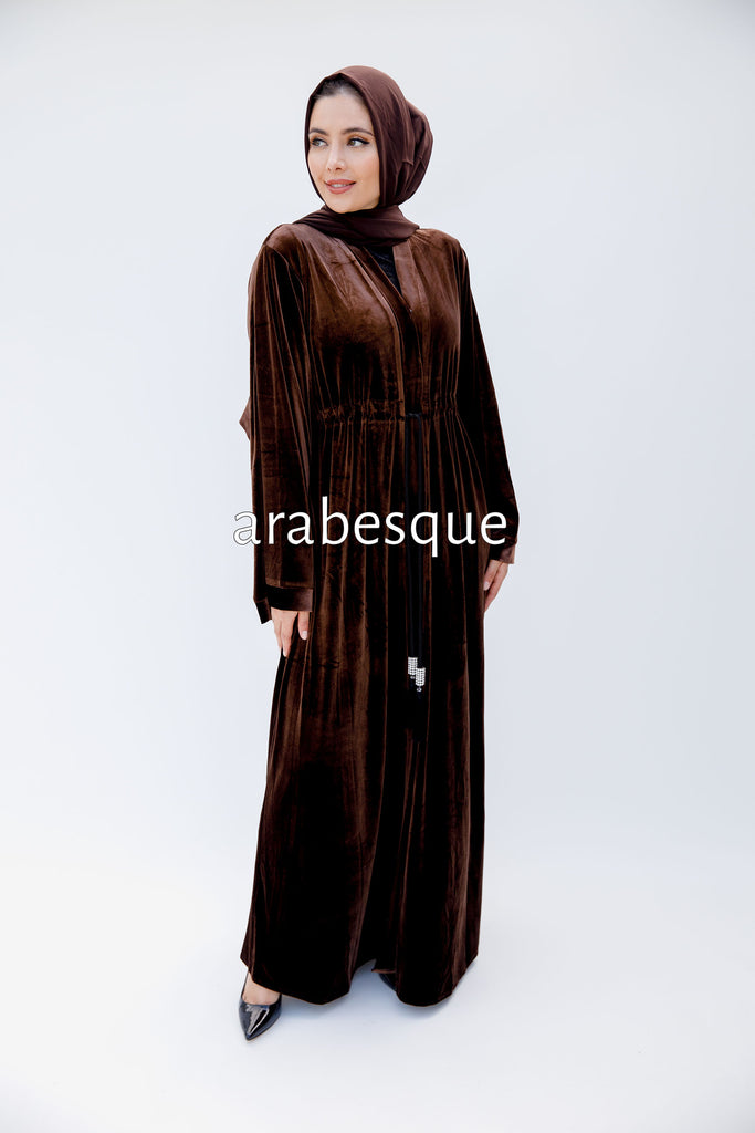 Brown Open Abaya – Elegant Plain Velvet Design