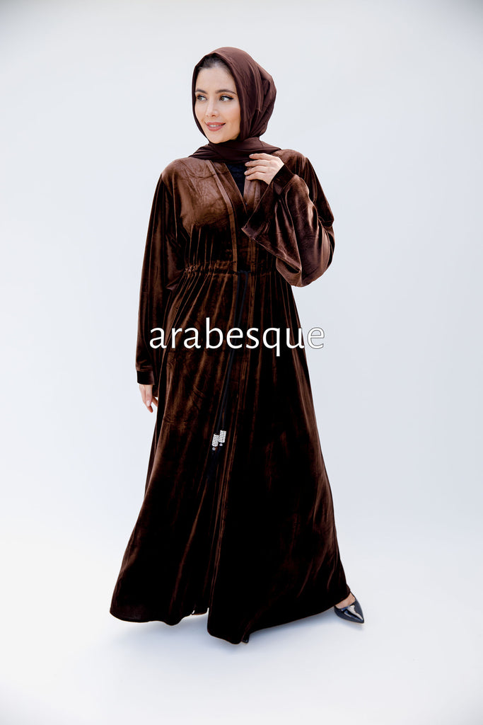 Brown Open Abaya – Elegant Plain Velvet Design