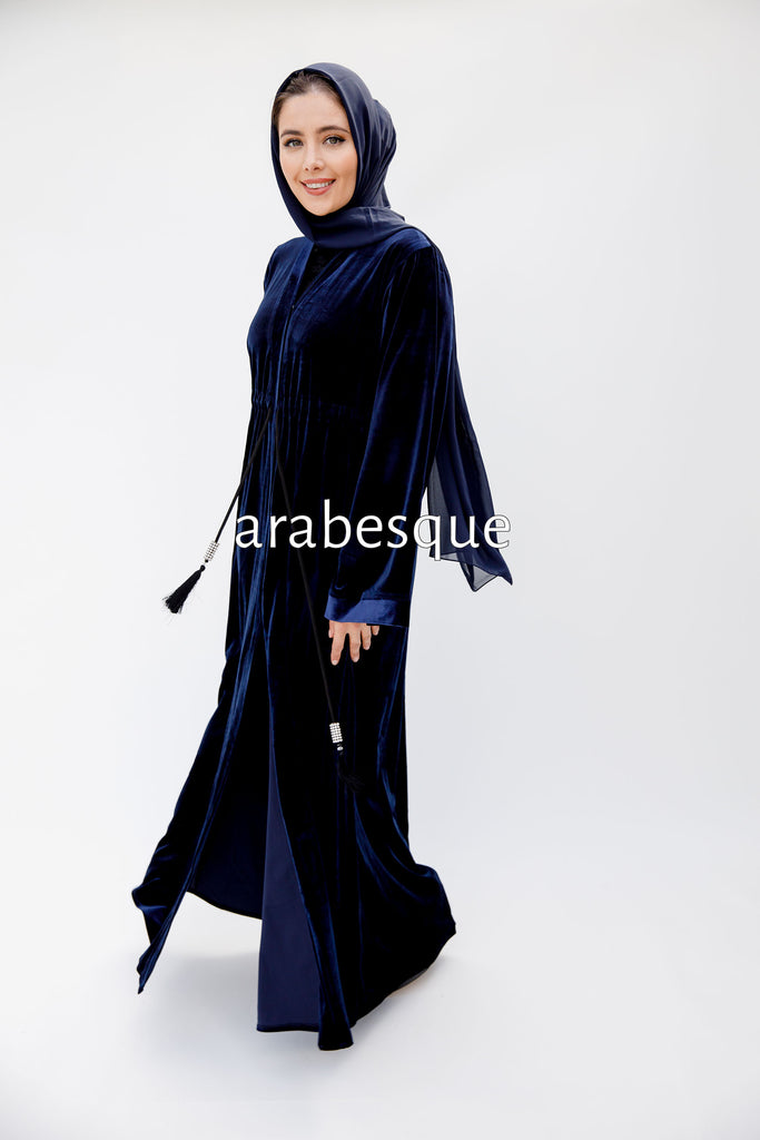 Navy Open Abaya – Elegant Plain Velvet Design
