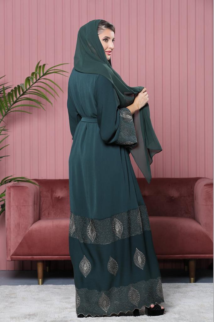 Green Abaya – Gold Leaf Embroidery with Intricate Sleeve and Hem Detailing