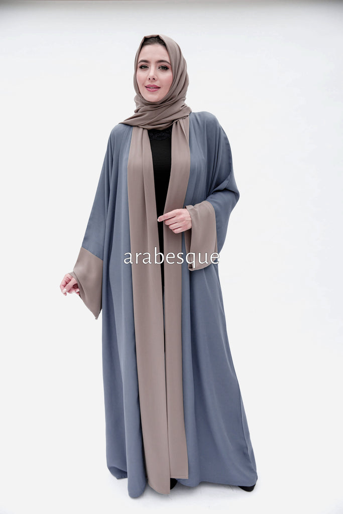 Grey Open Abaya – Plain Design with Chiffon Trim