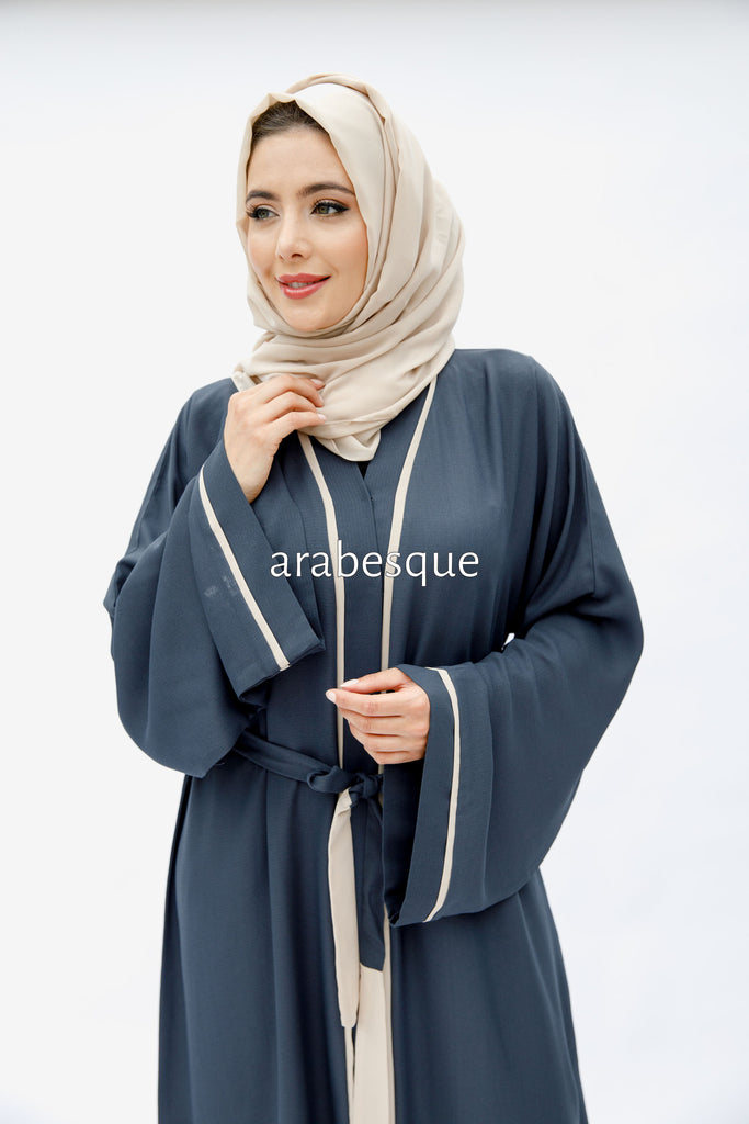 Grey Open Abaya – Luxe Piping Design with Belt