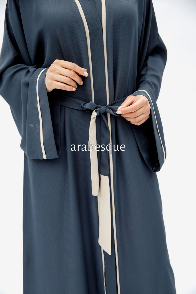 Grey Open Abaya – Luxe Piping Design with Belt