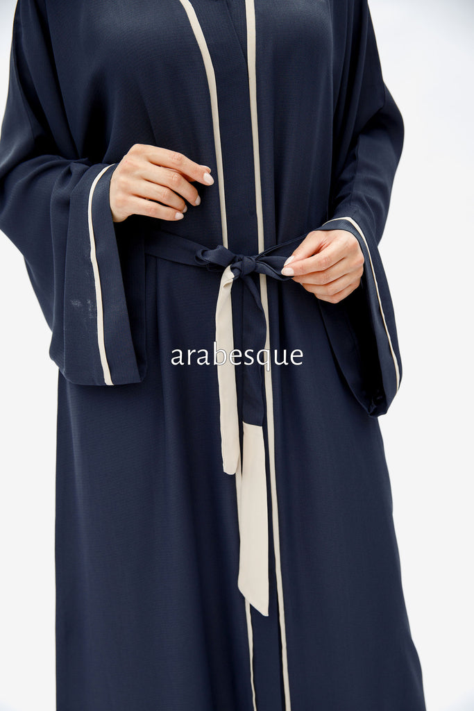 Navy Open Abaya – Luxe Piping Design with Belt