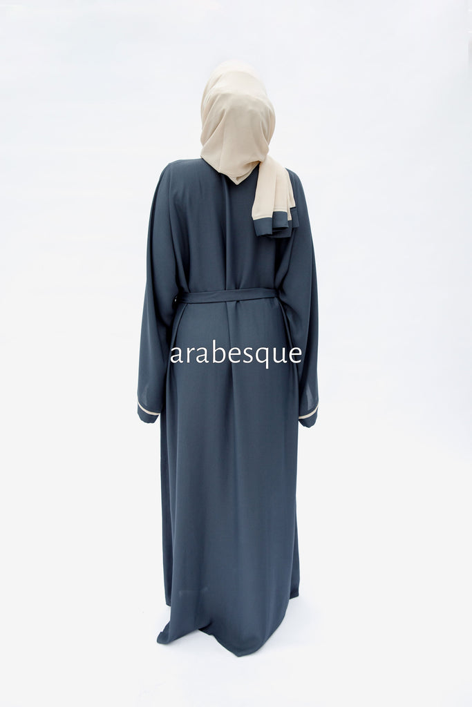 Grey Open Abaya – Luxe Piping Design with Belt
