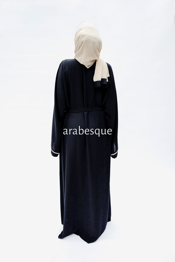 Black Open Abaya – Luxe Piping Design with Belt