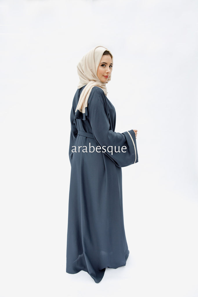 Grey Open Abaya – Luxe Piping Design with Belt