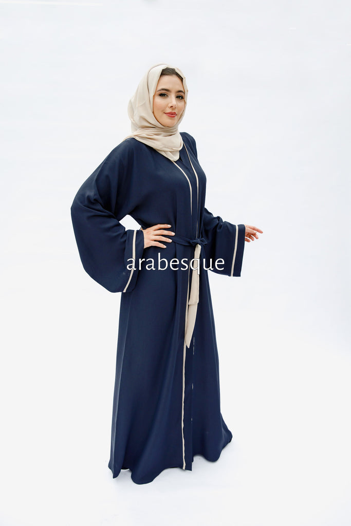 Navy Open Abaya – Luxe Piping Design with Belt