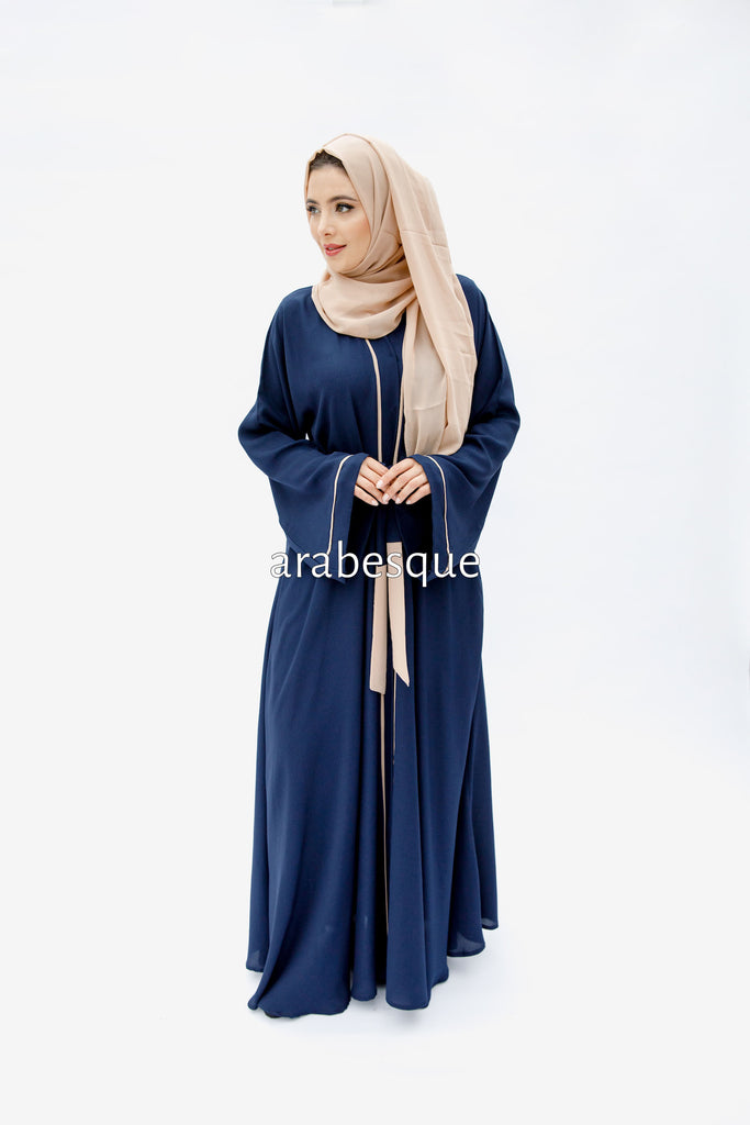 Navy Open Abaya – Luxe Piping Umbrella Cut Design with Belt