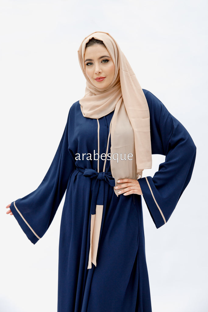 Navy Open Abaya – Luxe Piping Umbrella Cut Design with Belt