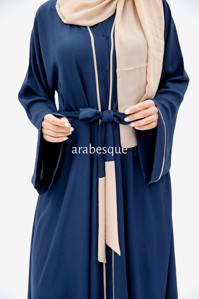 Navy Open Abaya – Luxe Piping Umbrella Cut Design with Belt