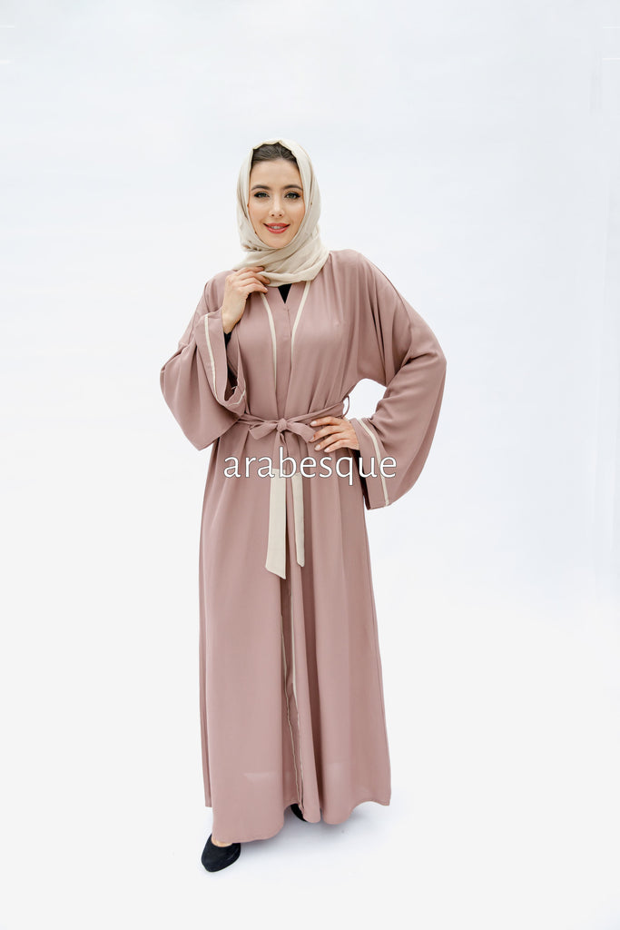 Blush Open Abaya – Luxe Piping Design with Belt