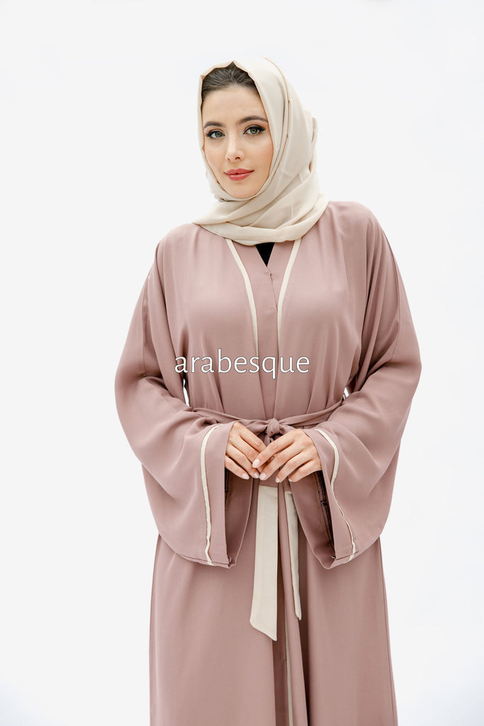 Blush Open Abaya – Luxe Piping Design with Belt