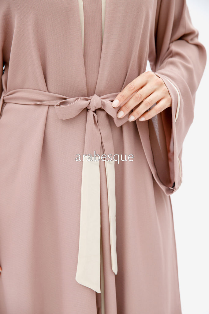Blush Open Abaya – Luxe Piping Design with Belt