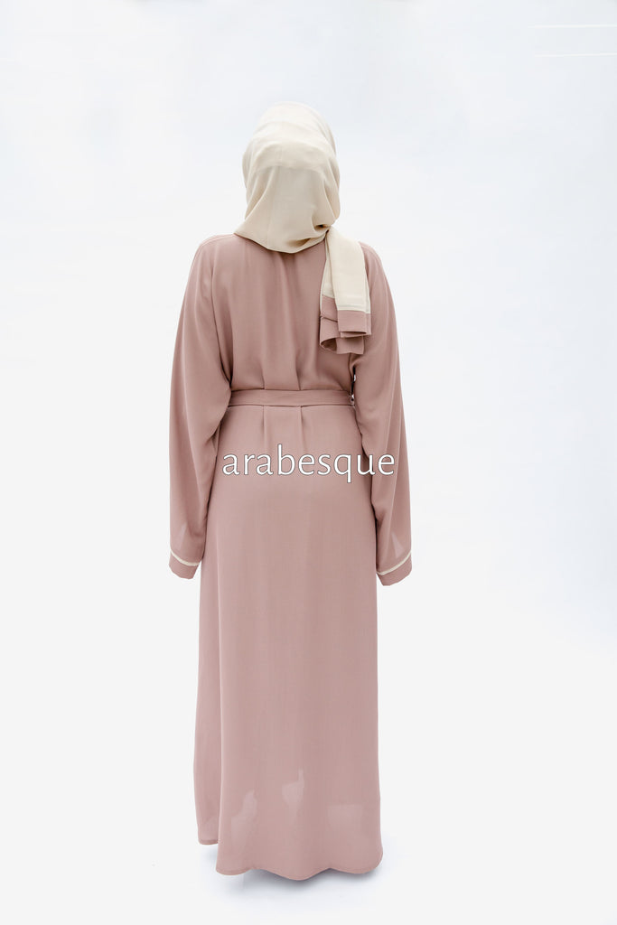 Blush Open Abaya – Luxe Piping Design with Belt