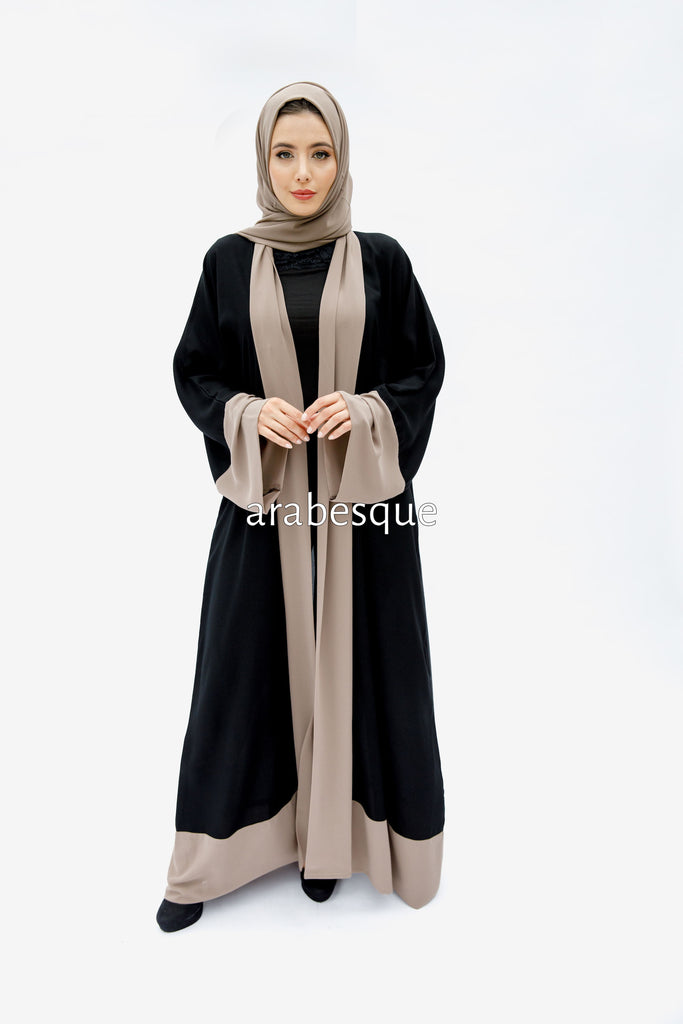 Black Open Abaya – Plain Design with Chiffon Trim