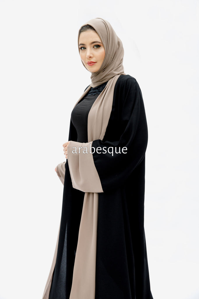 Black Open Abaya – Plain Design with Chiffon Trim