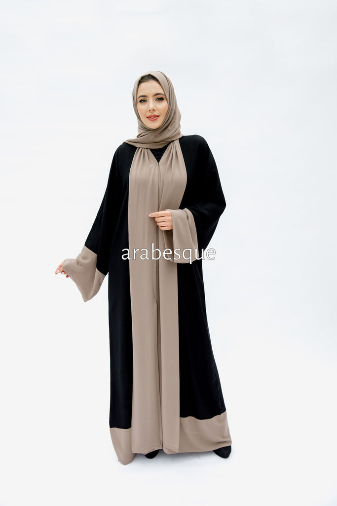 Black Open Abaya – Plain Design with Chiffon Trim