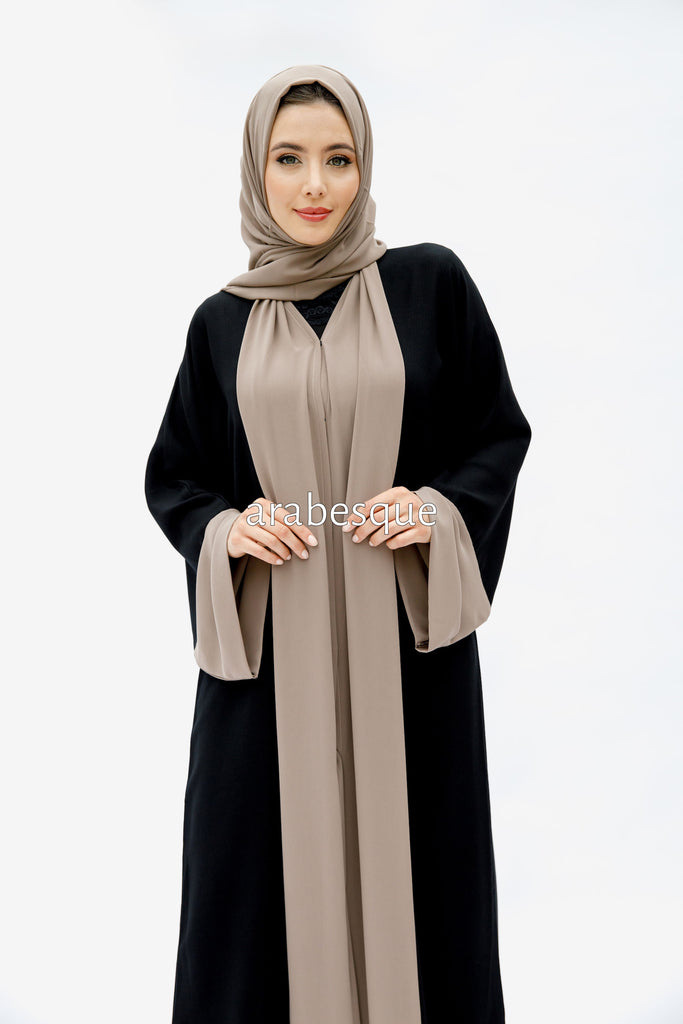 Black Open Abaya – Plain Design with Chiffon Trim