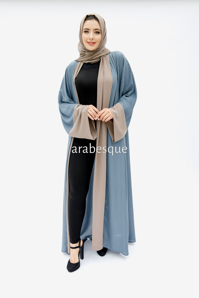 Powder Blue Open Abaya – Plain Design with Chiffon Trim