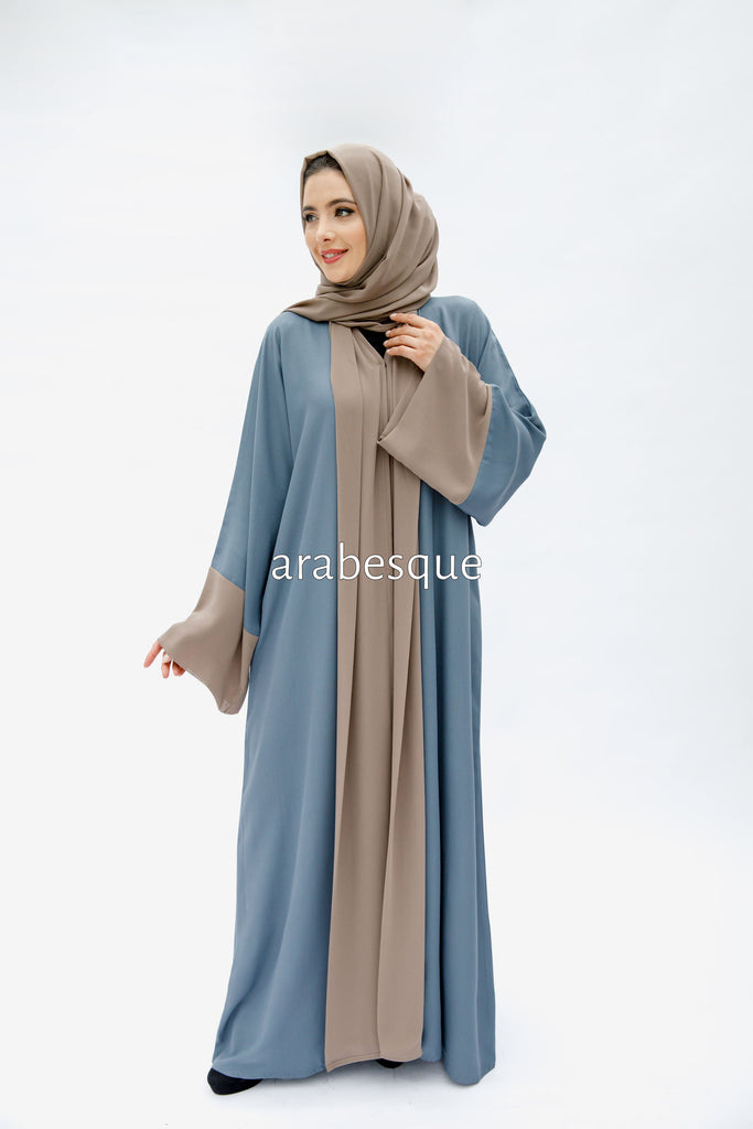 Powder Blue Open Abaya – Plain Design with Chiffon Trim