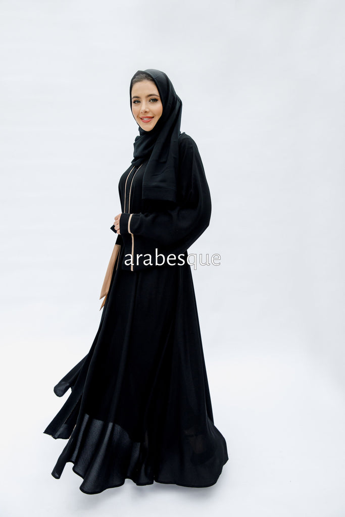 Black Open Abaya – Luxe Piping Umbrella Cut Design with Belt
