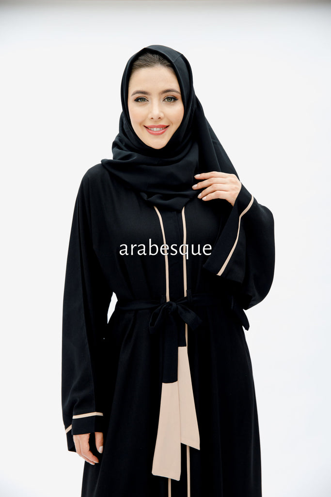 Black Open Abaya – Luxe Piping Umbrella Cut Design with Belt