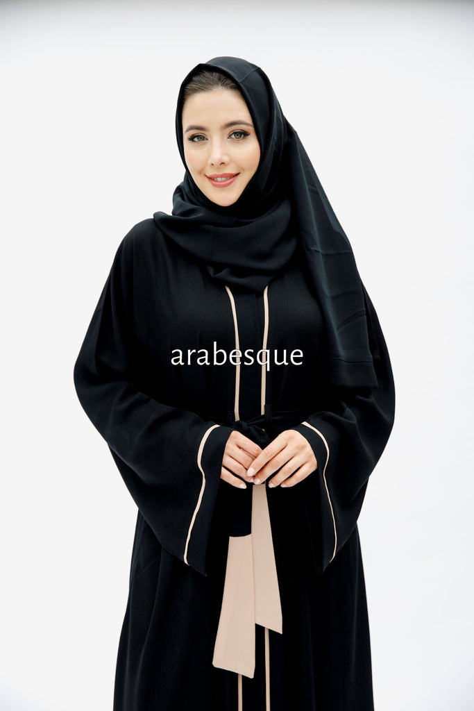 Black Open Abaya – Luxe Piping Umbrella Cut Design with Belt