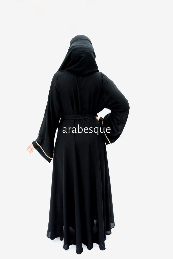 Black Open Abaya – Luxe Piping Umbrella Cut Design with Belt