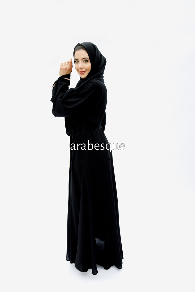 Black Open Abaya – Luxe Piping Umbrella Cut Design with Belt
