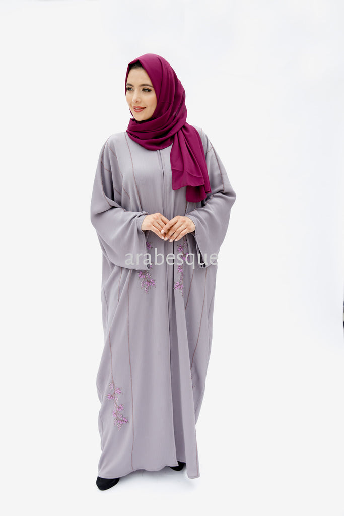 Lilac Open Abaya – Leaf Beaded Batwing Design
