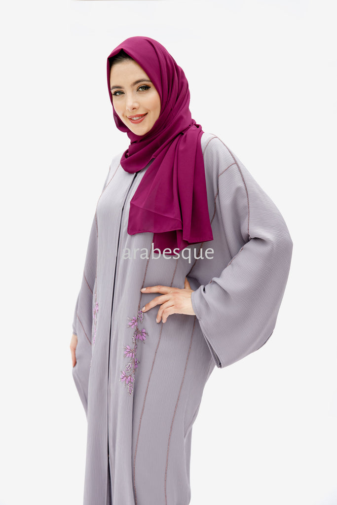 Lilac Open Abaya – Leaf Beaded Batwing Design