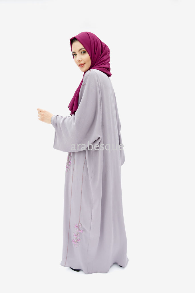 Lilac Open Abaya – Leaf Beaded Batwing Design